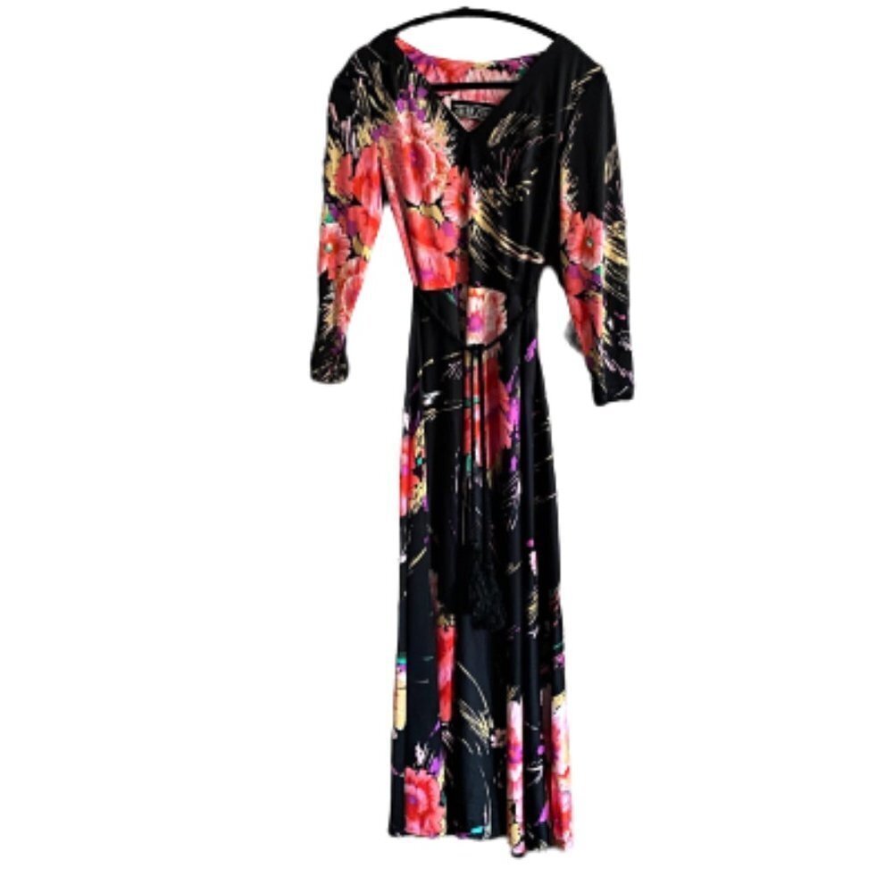 Vintage 70s A line maxi floral dress wi rope belt - Picture 2 of 15